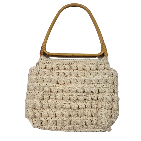 Unbranded Handbags - Neutral Beige 3D Crochet Knit Purse Wood Look Handles Lined Boho Nubby Handbag
